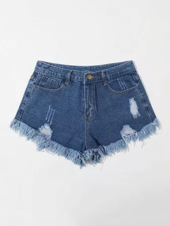 Frayed Hem Ripped Denim Shorts | SHEIN USA blue
