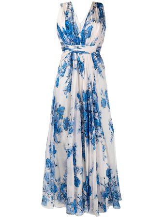 Shop blue & white Alberta Ferretti floral-print draped long silk dress with Express Delivery - Farfetch