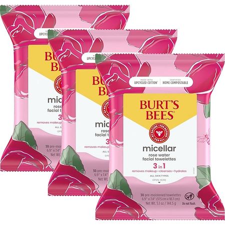 Amazon.com: Burts Bees 3 in 1 Micellar Facial Cleanser and Makeup Remover Towelettes with Rose Water, Made with Upcycled Cotton, 30 Count Each, Pack of 3 : Beauty & Personal Care