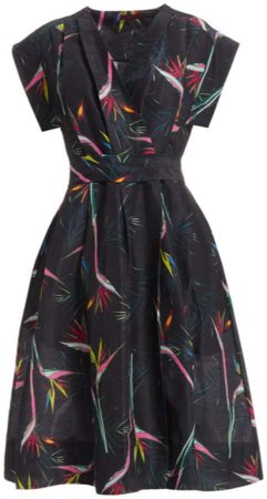 WtR Black Tropical Print Linen Wrap Dress