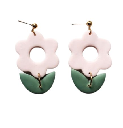 clay green pink flower earrings