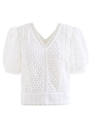 Bubble Full Crochet V-Neck Crop Top in White - Retro, Indie and Unique Fashion