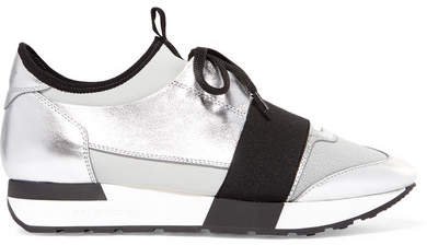 Race Runner Metallic Leather, Mesh And Neoprene Sneakers - Silver
