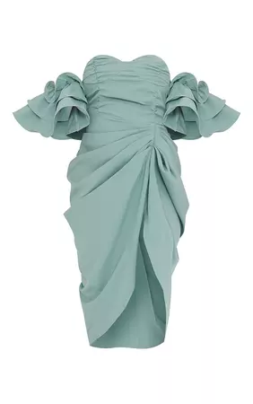 Sage Green Bardot Frill Sleeve Draped Midi Dress | PrettyLittleThing USA