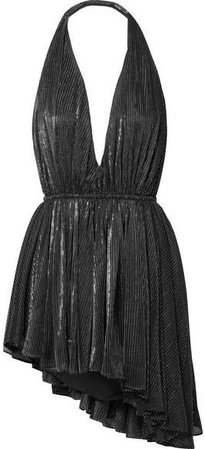 Asymmetric Striped Lamé Halterneck Mini Dress - Black