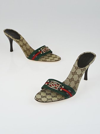 Gucci Beige/Ebony GG Canvas and Vintage Web Slide Sandals Size 8.5 - Yoogi's Closet