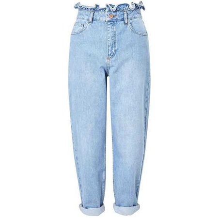 Miss Selfridge MOM Frill Top Jeans (4.225 RUB) ❤ liked on Polyvore featuring jeans, pants, bottoms, trousers, mid wash denim, miss selfridge, medium wash jeans, miss selfridge jeans, ruffle jeans