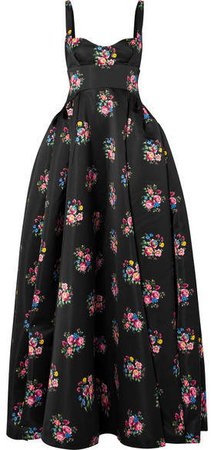 Floral-print Satin Gown - Black