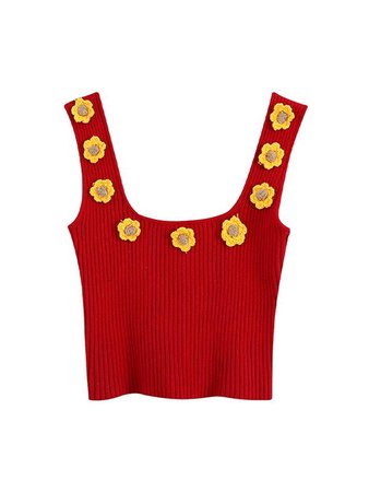 red knit top with yellow flowers