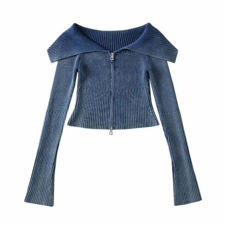 blue off the shoulder ribbed knit zip up cardigan used look