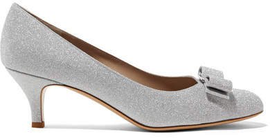 Carla Bow-embellished Glittered Leather Pumps - Silver