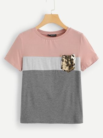 Cut and Sew Sequin Pocket Tee | SHEIN