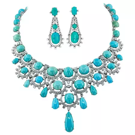 Bulgari Rome Diamond Turquoise Platinum Necklace And Earrings Bib Suite For Sale at 1stDibs | turquoise diamond necklace, diamond turquoise necklace, turquoise and diamond necklace