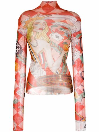 Shop Casablanca Queen of Cards print mesh top with Express Delivery - FARFETCH