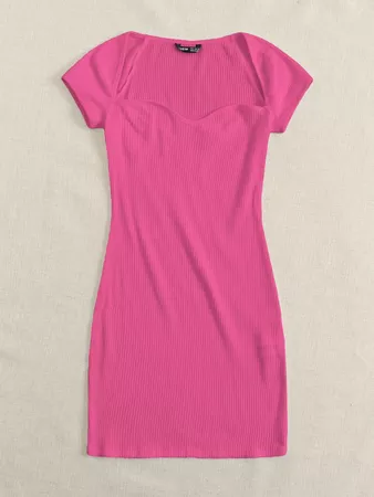Neon Pink Sweetheart Neck Rib-knit Bodycon Dress | SHEIN USA pink