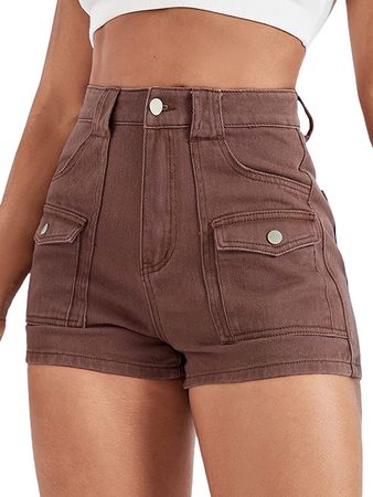WDIRARA Women's High Waisted Raw Hem Distressed Ripped Casual Denim Shorts Rust Brown M at Amazon Women’s Clothing store