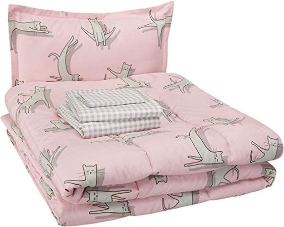AmazonBasics Easy Care Super Soft Microfiber Kid's Bed-in-a-Bag Bedding Set - Twin, Pink Cats: Home & Kitchen