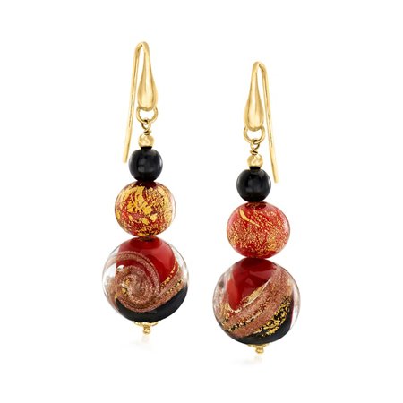 Ross-Simons Italian Red, Black and Gold Murano Glass Drop Earrings