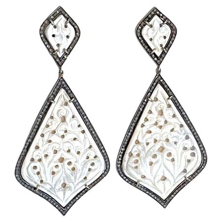 Carved Mother of Pearl with Pave Diamonds Earring For Sale at 1stDibs