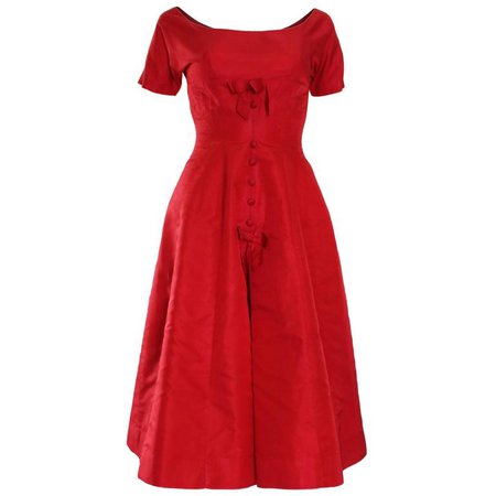 1950s Crimson Satin Full Skirted Dress For Sale at 1stdibs