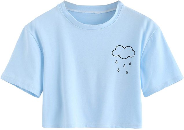 SweatyRocks Women's Summer Casual Short Sleeve Rainy Print Cute Crop Top T-Shirt Blue M at Amazon Women’s Clothing store