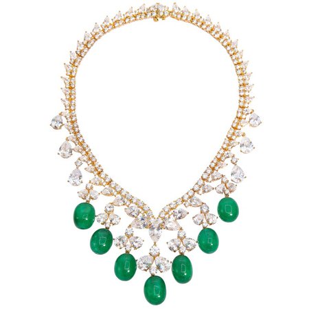 Magnificent 1950s Style CZ Faux Cabochon Emerald Drop Vermeil Unique Necklace For Sale at 1stdibs