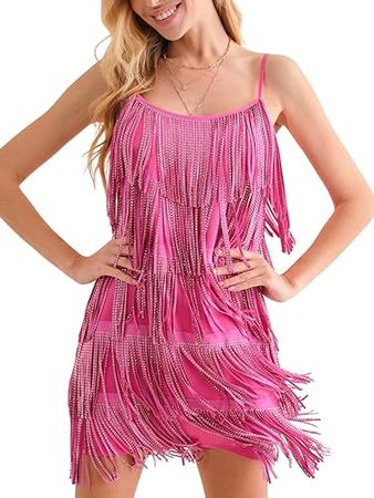 Amazon.com: ChiyeeKiss Womens Glitter Rhinestone Fringe Mini Dress Western Spaghetti Strap Tiered Tassel Cami Short Dress : Clothing, Shoes & Jewelry