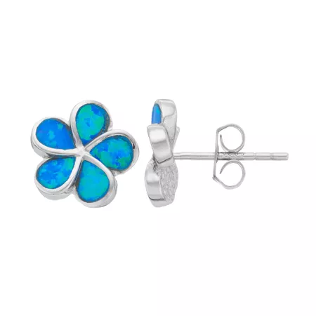 Sterling Silver Lab-Created Blue Opal Flower Stud Earrings