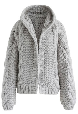 All-Over Warmth Hooded Chunky Cardigan in Grey - Retro, Indie and Unique Fashion