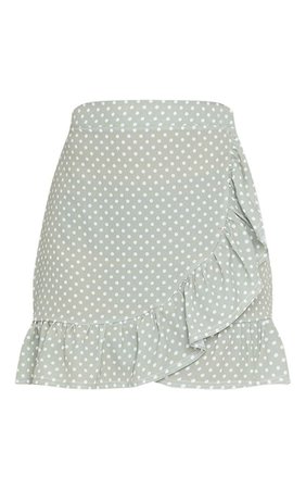Sage Green Polka Dot Frill Hem Wrap Mini Skirt | PrettyLittleThing