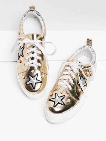 Embroidery Star PU Sneakers With Faux Pearl