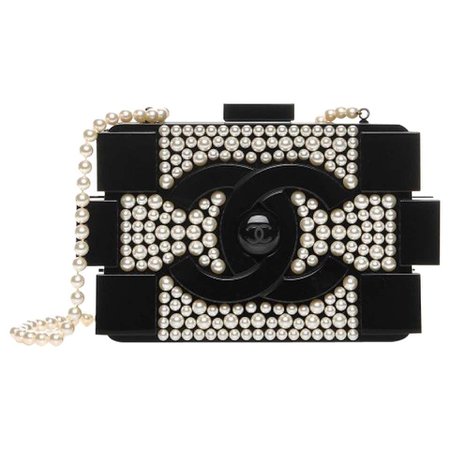 Chanel Runway Black Acrylic Pearl Box 2 in 1 Evening Clutch Shoulder Bag in Box