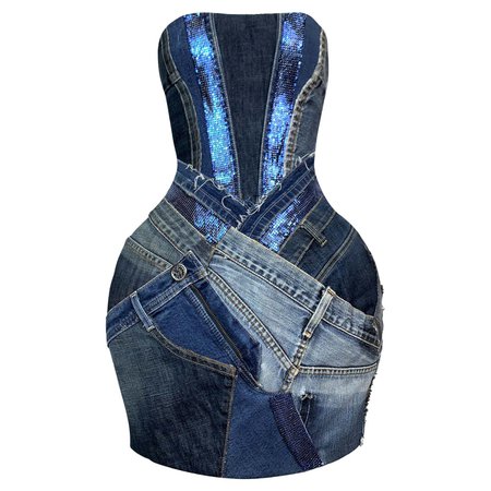 *clipped by @luci-her* C. 2006 Atelier Versace Distressed Denim Chainmail Exaggerated Hips Mini Dress For Sale at 1stDibs