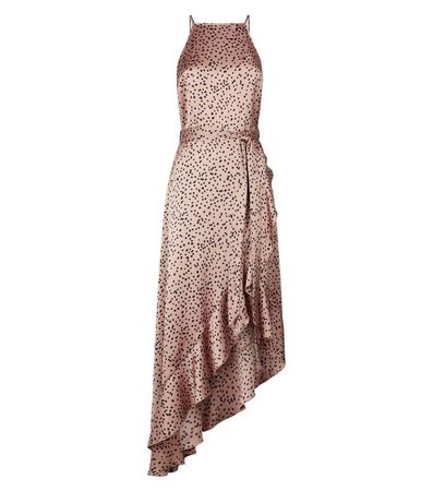 Brown Spot Ruffle Satin Wrap Midi Dress | New Look