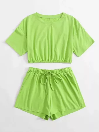 Solid Crop Top & Knot Front Shorts | SHEIN USA green