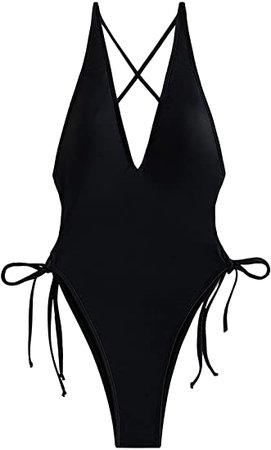 SheIn Women's Deep V Neck Crisscross One Piece Swimsuit High Cut Tie Side Bathing Suit at Amazon Women’s Clothing store