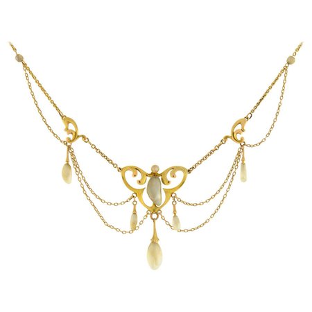 Krementz Art Nouveau Yellow Gold Natural Pearl Festoon Necklace For Sale at 1stDibs