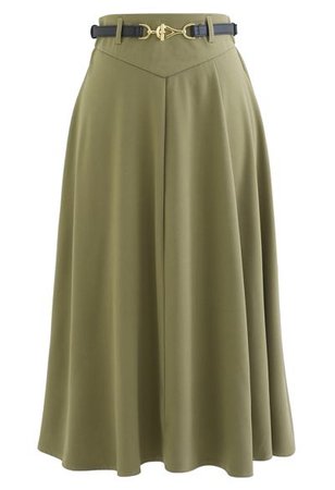 Soft Check Side Pocket Midi Skirt in Moss Green - Retro, Indie and Unique Fashion