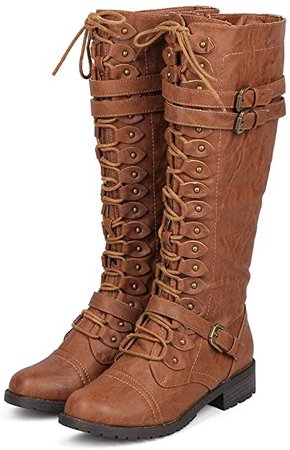 ShoBeautiful Women's Knee High Lace Up Buckle Winter Combat Stacked Heel Riding Boots Tan 9: Amazon.com.au: Fashion