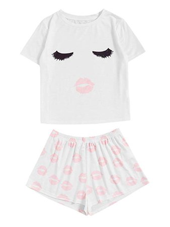 WDIRARA Women's Sleepwear Face Print Top and Red Lip Shorts Pajama Set at Amazon Women’s Clothing store