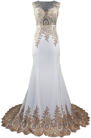 Amazon.com: Lemai Spandex Jersey Mermaid Long Sheer Gold Crystals Lace Formal Prom Evening Dresses Ivory US 12: Clothing
