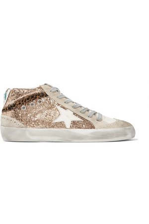 Golden Goose | Mid Star glittered distressed leather and suede sneakers | NET-A-PORTER.COM