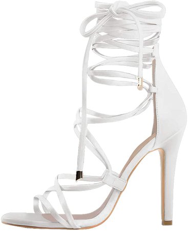 Amazon.com | Richealnana Women's Stiletto Heel Lace Up Gladiator Heeled Sandals Crisscross White Heel Shoes for Prom US 6 | Heeled Sandals