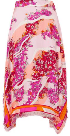 Fringed Printed Silk-twill Midi Skirt - Pink