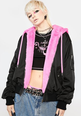 line Horoscopez Faux Fur Lined Bomber Jacket - Black/Hot Pink, Dolls Kill