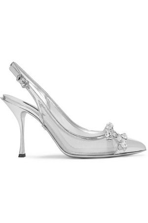 Dolce & Gabbana | Lori crystal-embellished mirrored-leather and mesh slingback pumps | NET-A-PORTER.COM