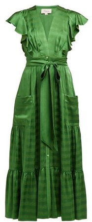 Gaia Ruffled Satin Jacquard Dress - Womens - Green