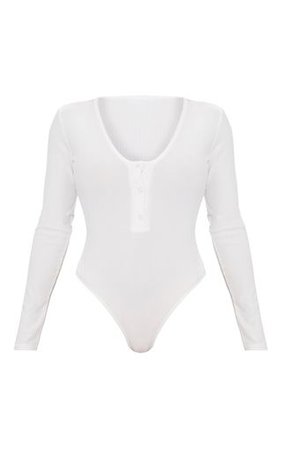 Shape White Button Long Sleeve Ribbed Bodysuit | PrettyLittleThing