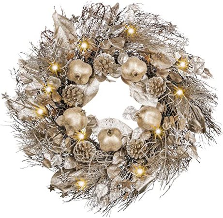 Amazon.com: Valery Madelyn Pre-Lit 24 Inch Elegant Gold Christmas Wreath for Front Door with Lights, Pomegranates, Pine Cones and Gold Leaves, Battery Operated 20 LED Lights: Home & Kitchen