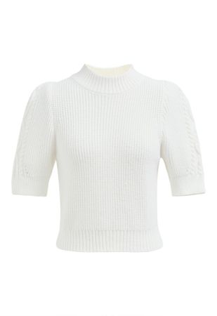 Mock Neck Short Sleeve Knit Sweater in White - Retro, Indie and Unique Fashion